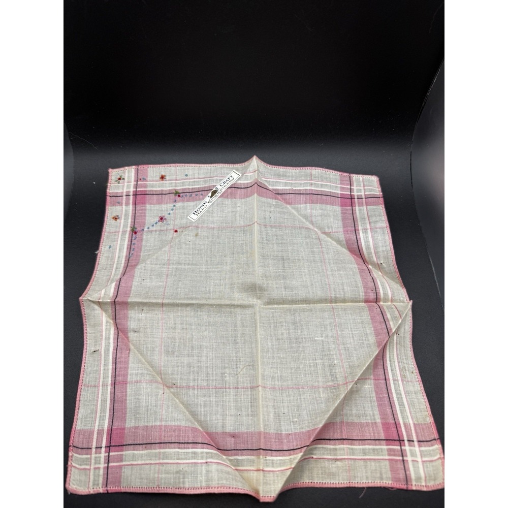 Vintage Pink & White Hankerchief With Flower Hand‎ Embroidery - Home Craft